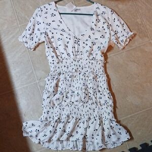 White and Black Ruffled Puff Sleeve Sundress